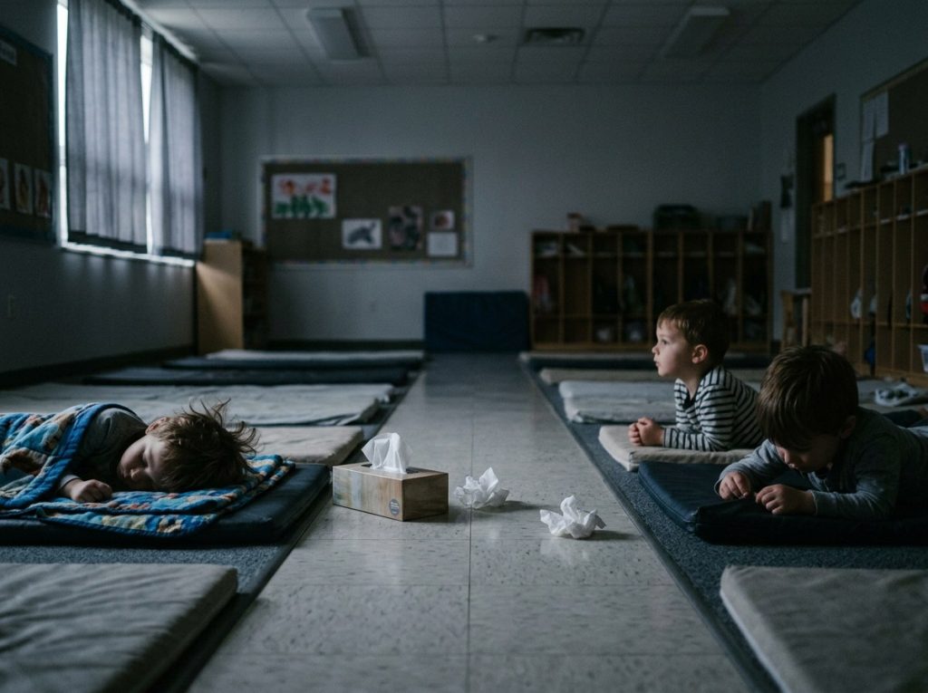 Preschoolers whispering and fidgeting on nap mats while classmates sleep during a daycare rest period